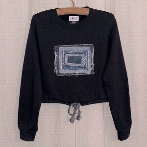 The REWORKS S Navy Distressed Denim Patchwork Ties Cropped Crewneck Sweatshirt